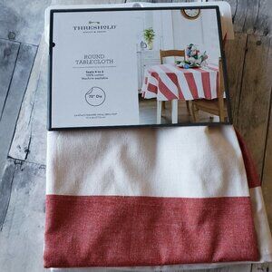 NWT - Large Red and White Stripe 100% cotton Round Tablecloth 70"